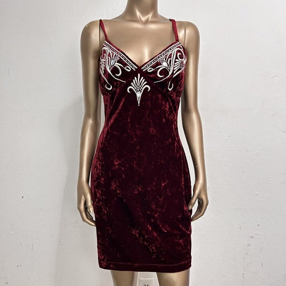 Natori VTG 90s Y2K Burgundy Velvet Chemise Slip Dress Embroidery Beaded Size M